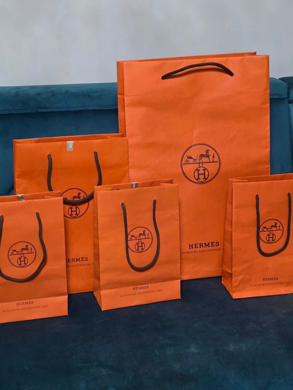 Authentic Hermes Orange Drawstring Gift Bags-5 Piece Set